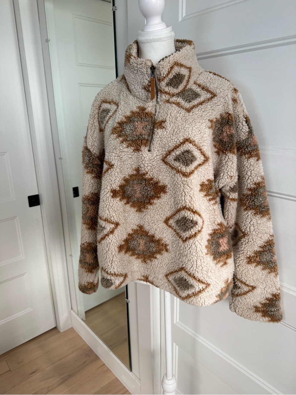 Thread & Supply Cream Sherpa Pullover with Brown & Gray Geometric Print